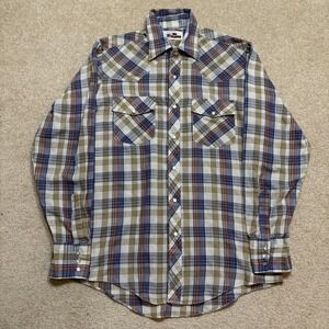 Vintage The Westerner Shirt Mens Medium Brown Blue Plaid Western Pearl Snap 70s